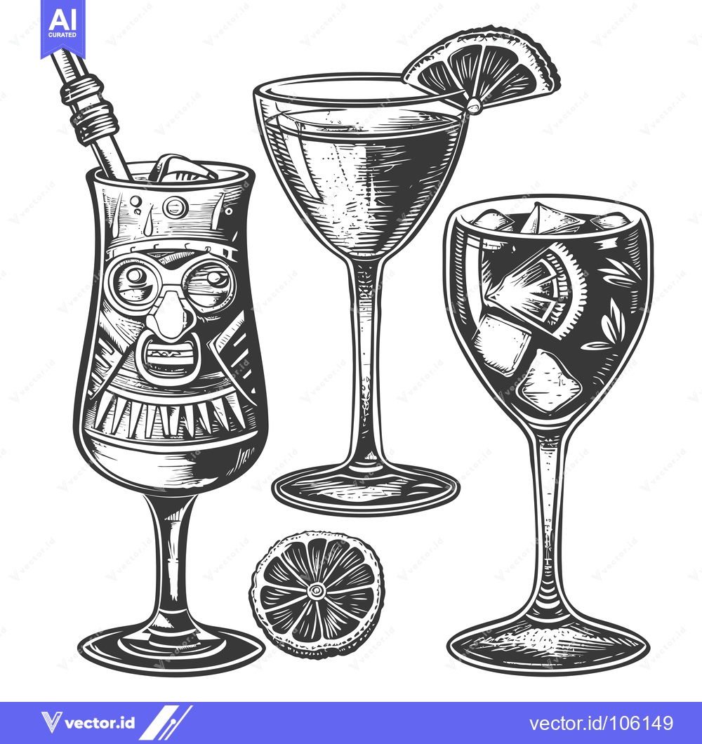 Premium Vector of Three Hand-Drawn Glasses of Cocktails with Citrus Garnishes and Ice
