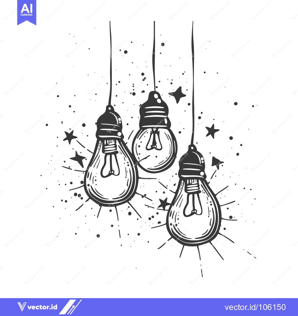 Premium Vector of Three Hand-Drawn Light Bulbs Hanging with Stars and Splashes