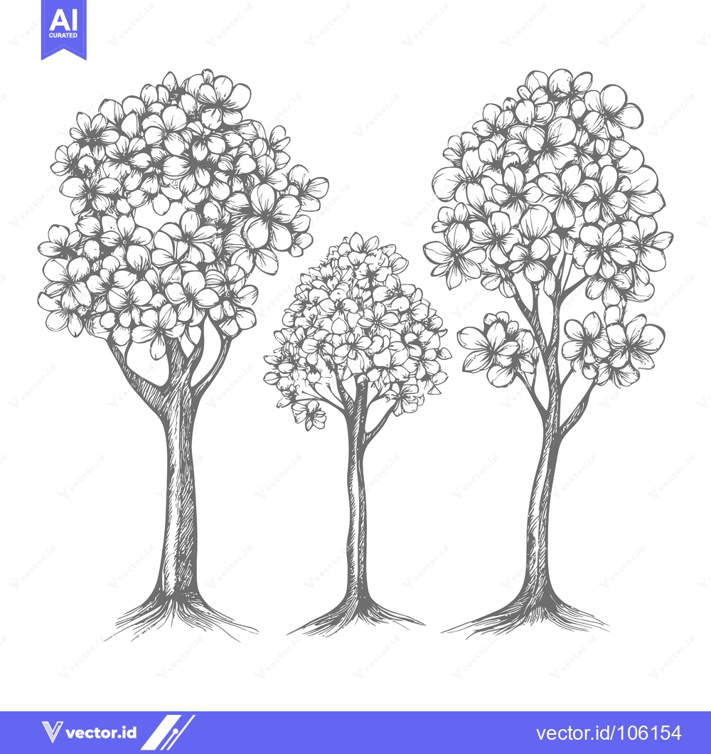 Premium Vector of Three Hand-Drawn Trees with Detailed Flower Clusters