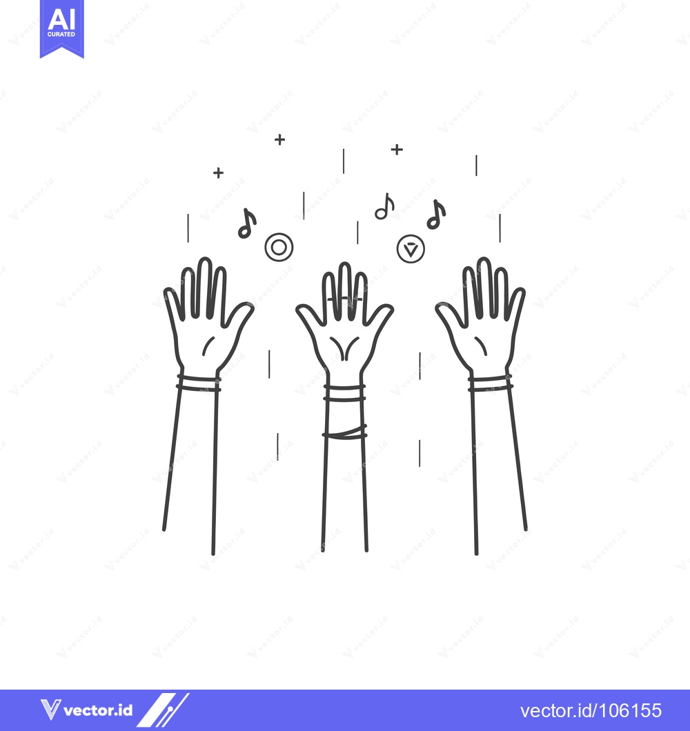 Premium Vector dari Three Hands Raised in the Air With Music Notes and Plus Signs