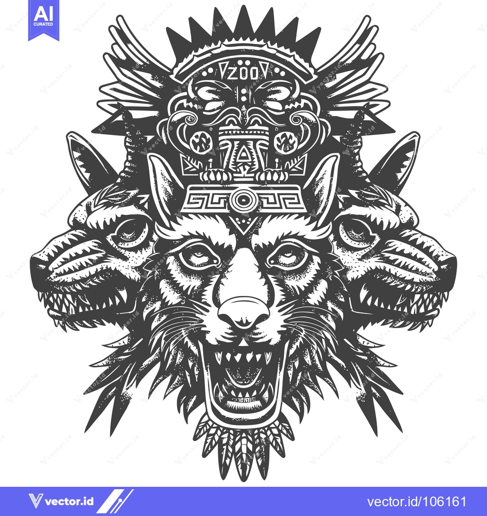 Premium Vector of Three-Headed Wolf with Native American Inspired Headwear and Feathers
