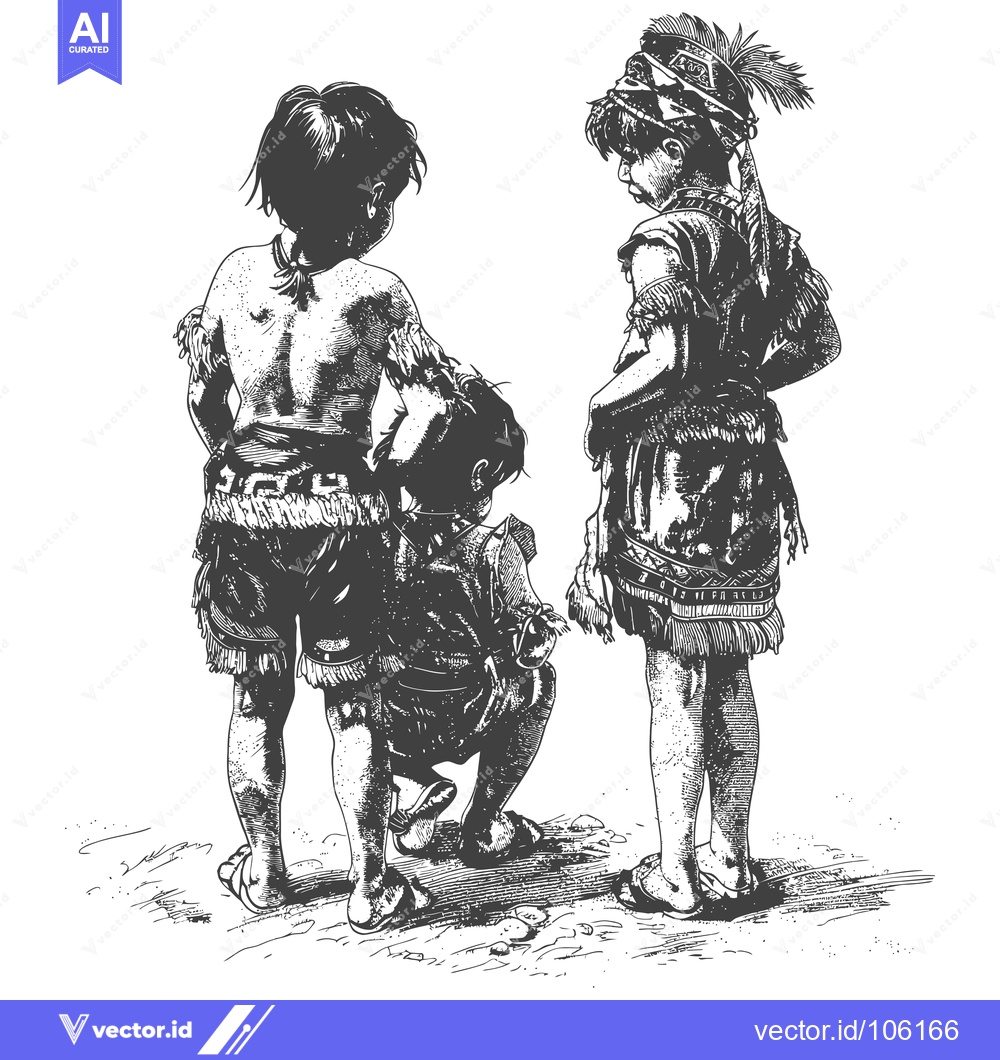 Premium Vector dari Three Indigenous Children Standing on a Dirt Path