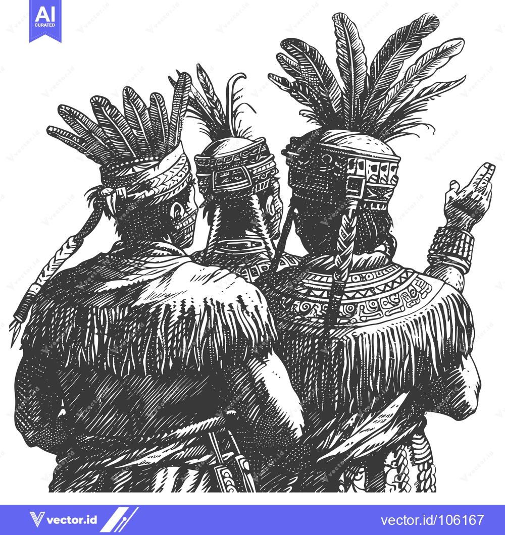 Premium Vector dari Three Indigenous Figures Wearing Elaborate Headdresses