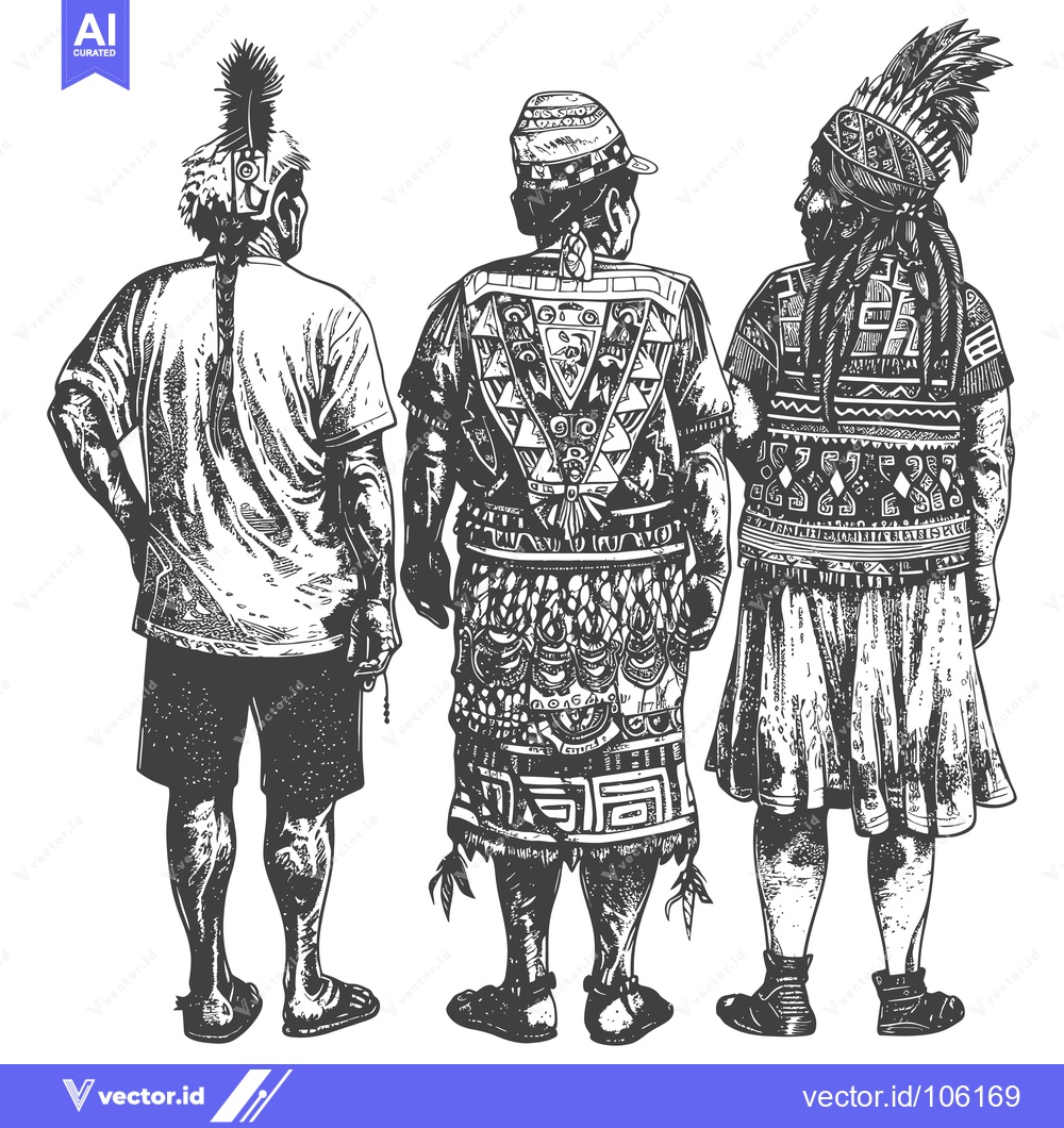 Premium Vector of Three Indigenous People in Traditional Attire, Back View