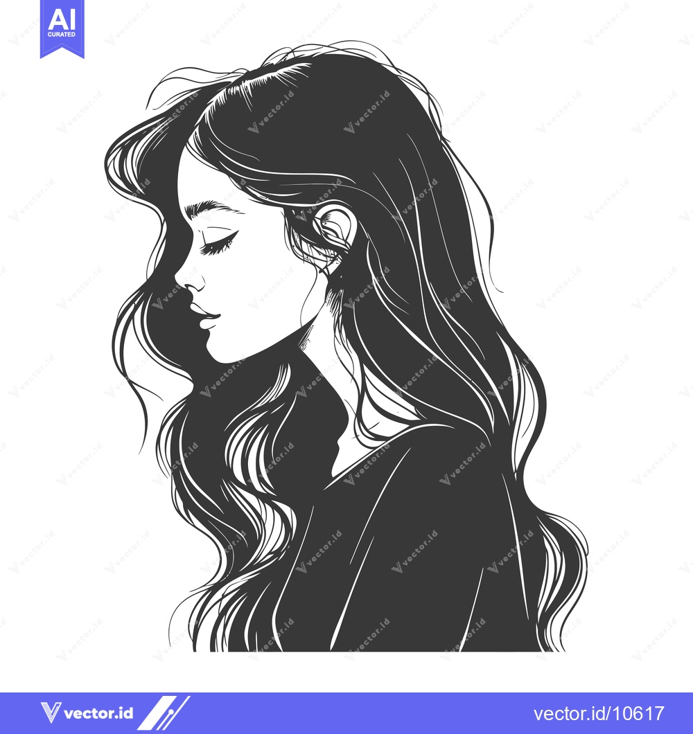 Premium Vector dari A Black and White Line Drawing of a Woman with Long Wavy Hair