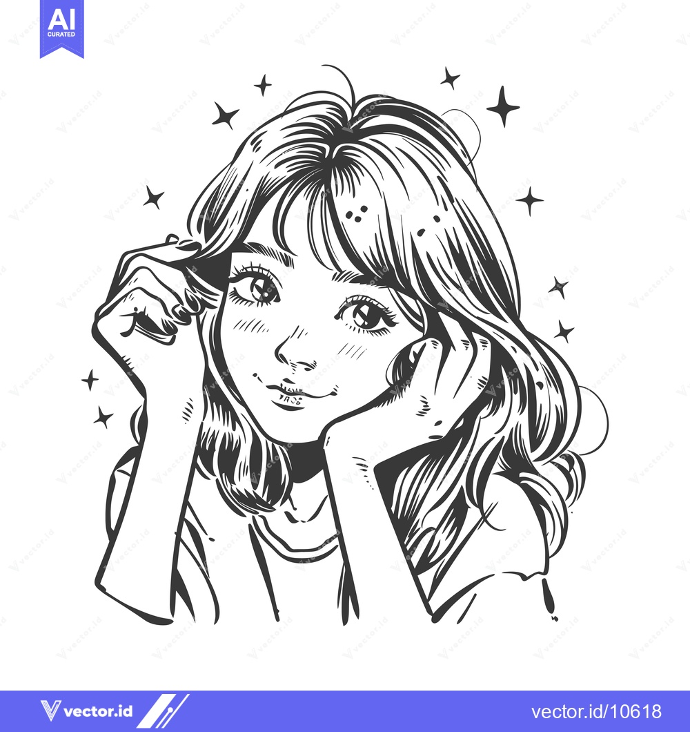 Premium Vector of A Black and White Line Drawing of a Young Woman with Long Hair and a S