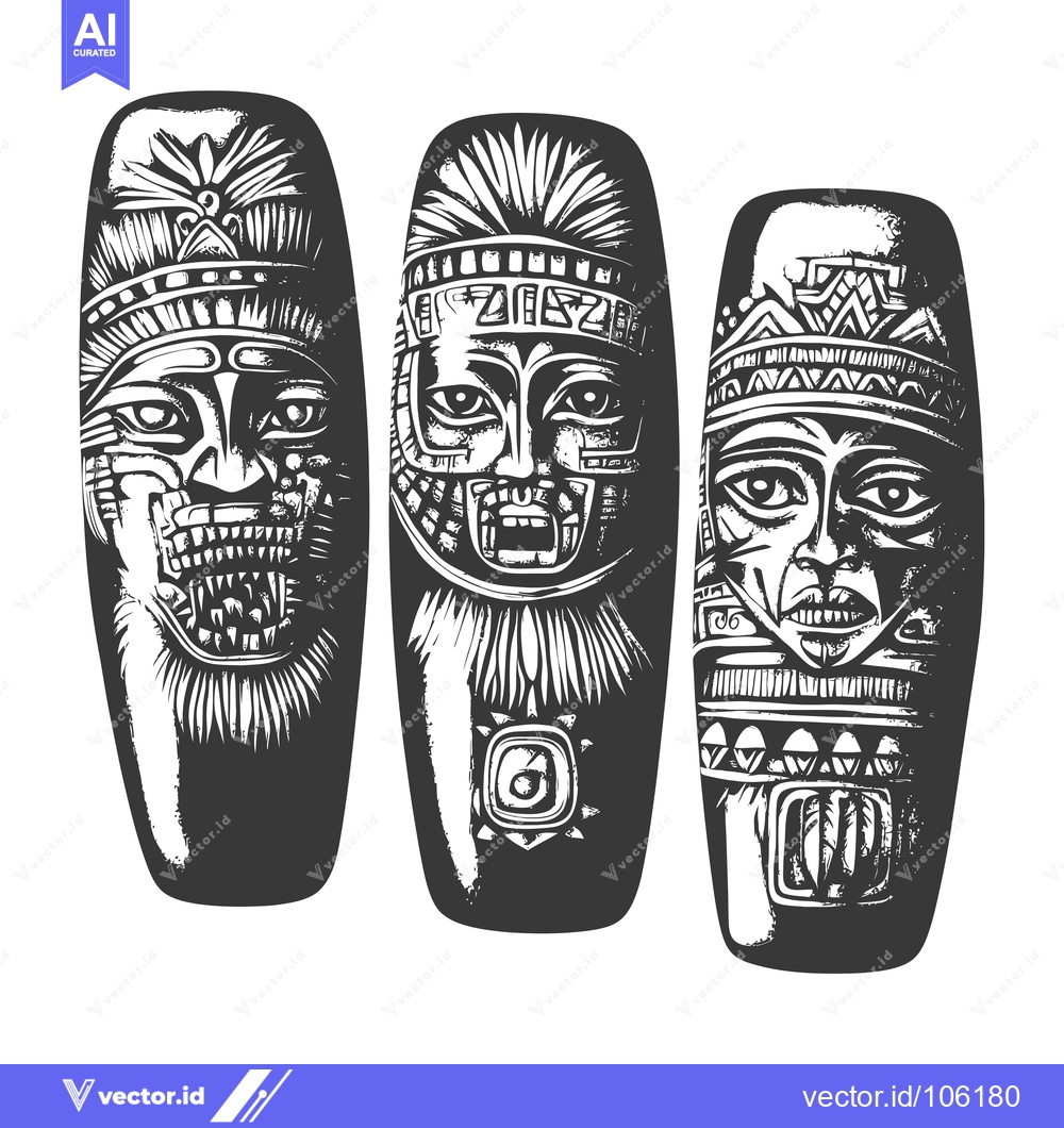 Premium Vector dari Three Intricately Carved Mayan Masks with Geometric Patterns