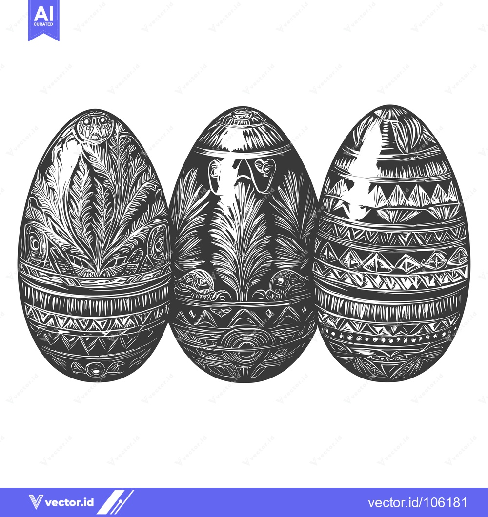 Premium Vector dari Three intricately patterned Easter eggs with woodcut-style designs.