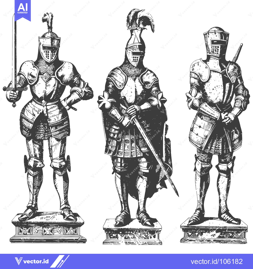 Premium Vector of Three Knights in Full Armor Standing on Pedestals
