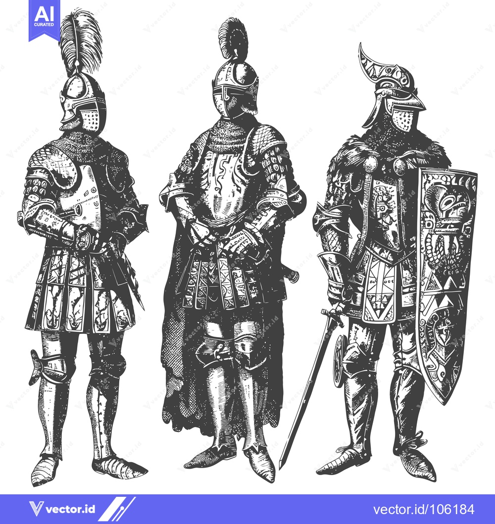 Premium Vector dari Three Knights in Full Armor with Swords and a Shield