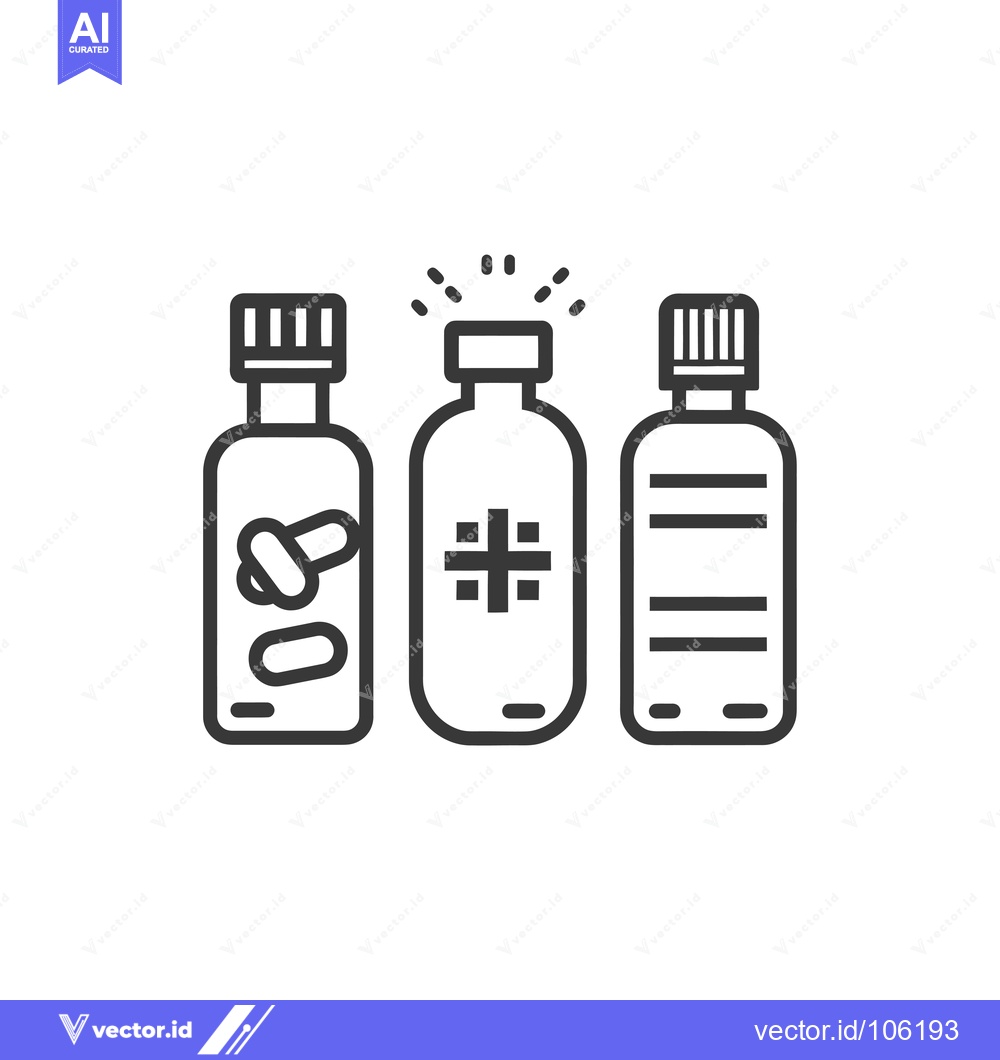 Premium Vector dari Three Line Drawings of Medicine Bottles, One With Pills