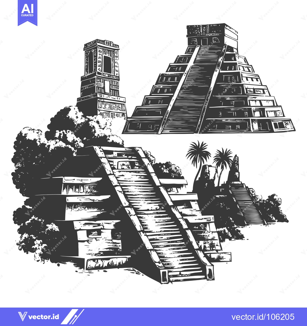 Premium Vector dari Three Mayan Pyramids with Detailed Carvings and Lush Foliage