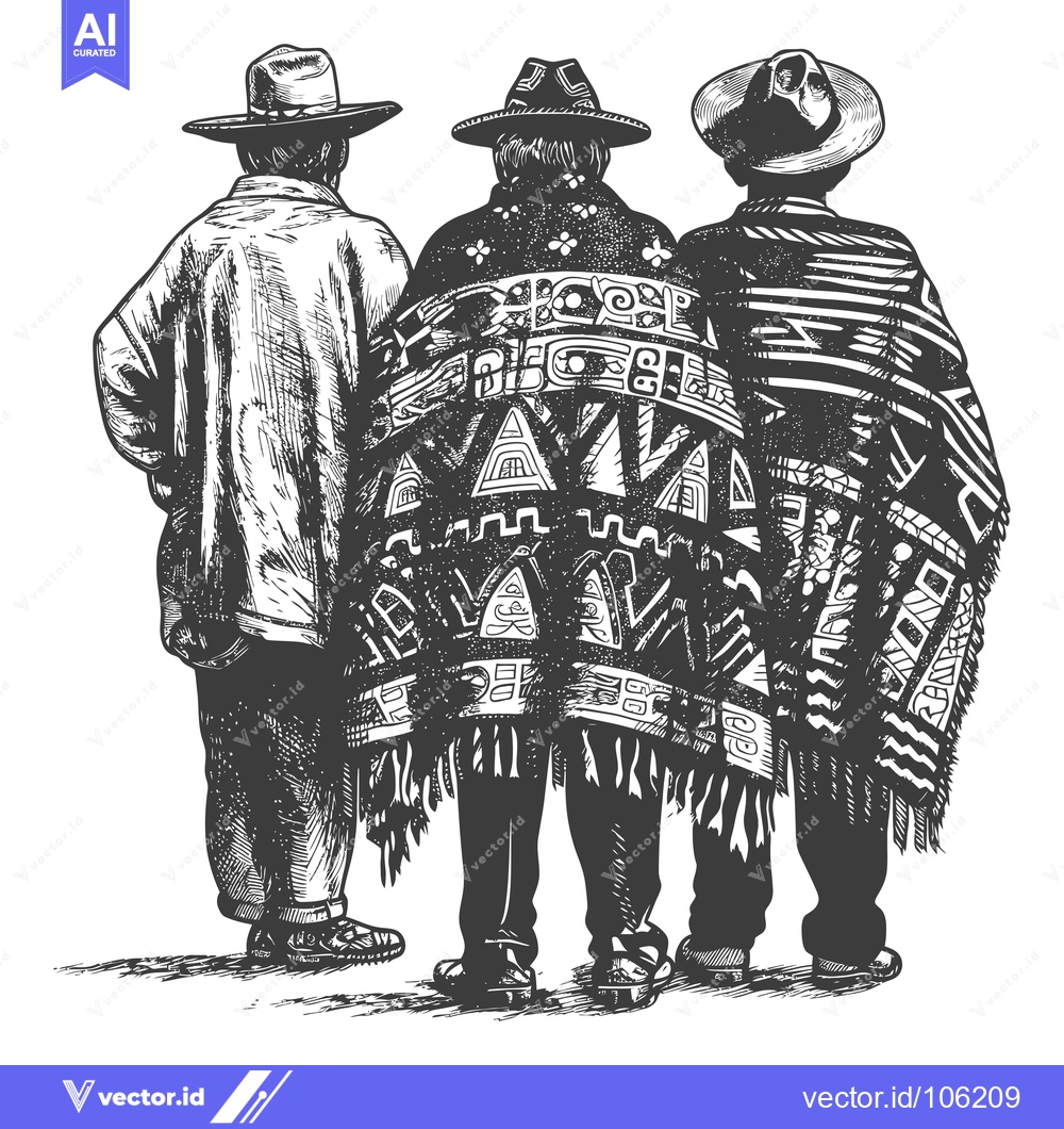 Premium Vector of Three Men in Traditional Clothing and Hats, Back View