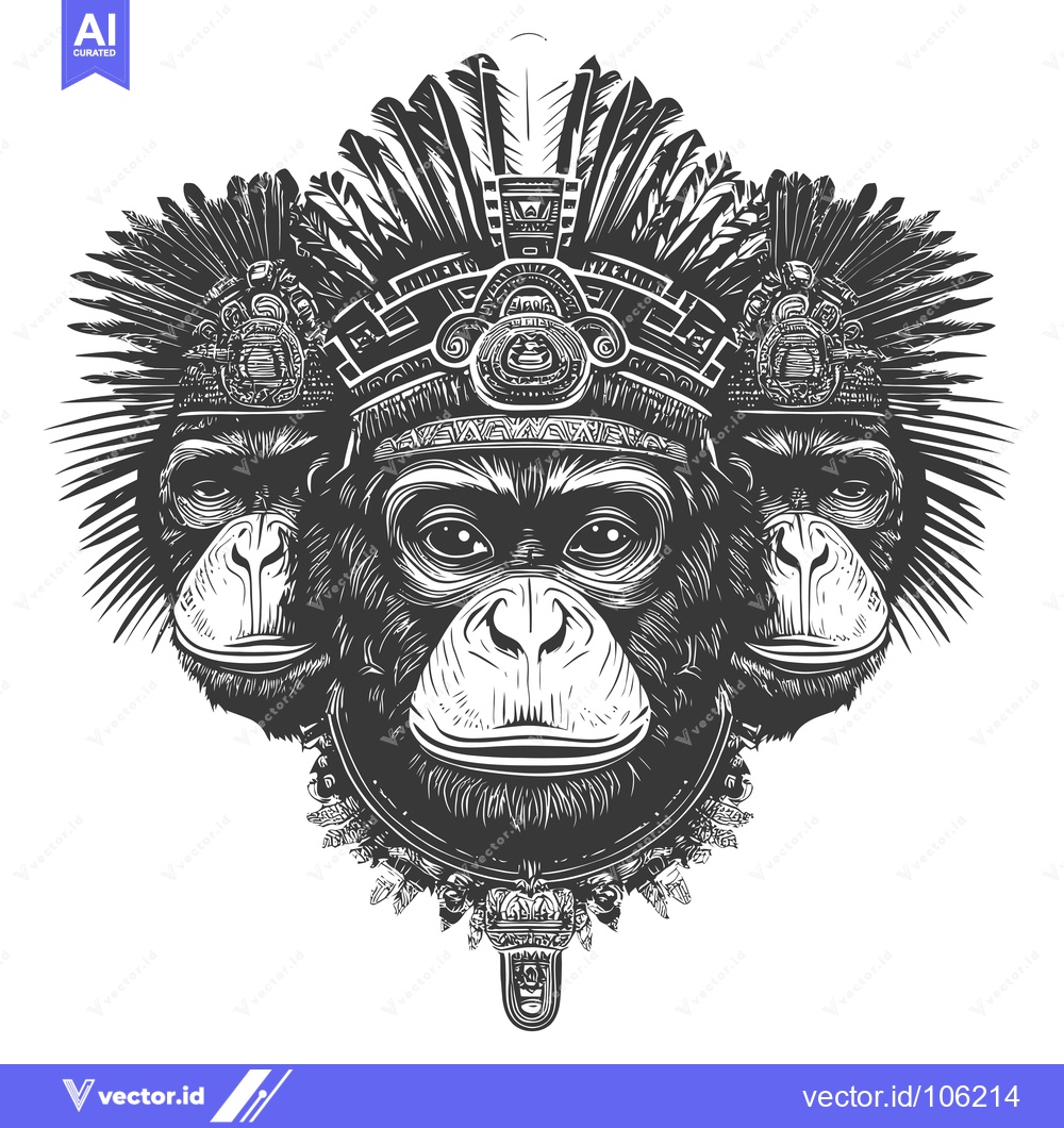 Premium Vector of Three Monkey Faces with Elaborate Aztec Headwear