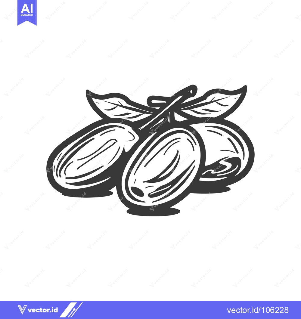 Premium Vector of Three Olives with Leaves and Stem in Black and White
