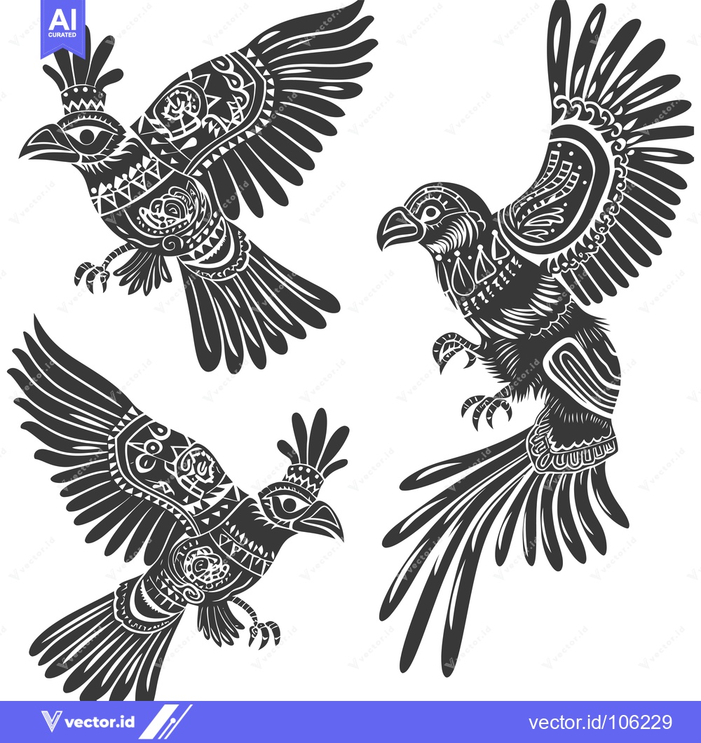 Premium Vector of Three Ornamental Black Birds in Flight