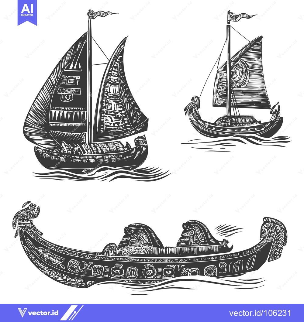 Premium Vector dari Three Ornate Ancient Ships With Sails and Flags