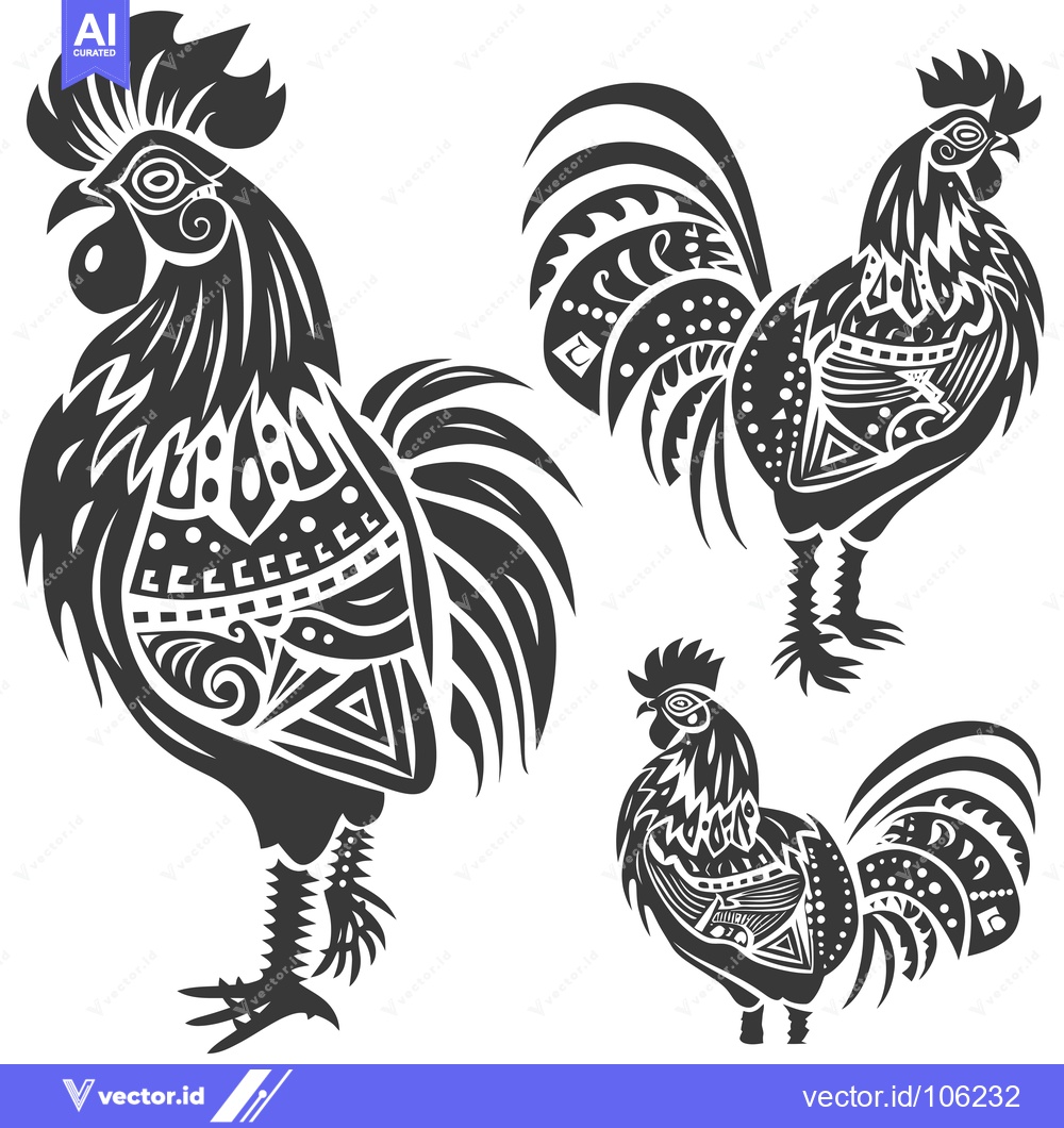 Premium Vector of Three Ornate Black and White Roosters in Various Poses