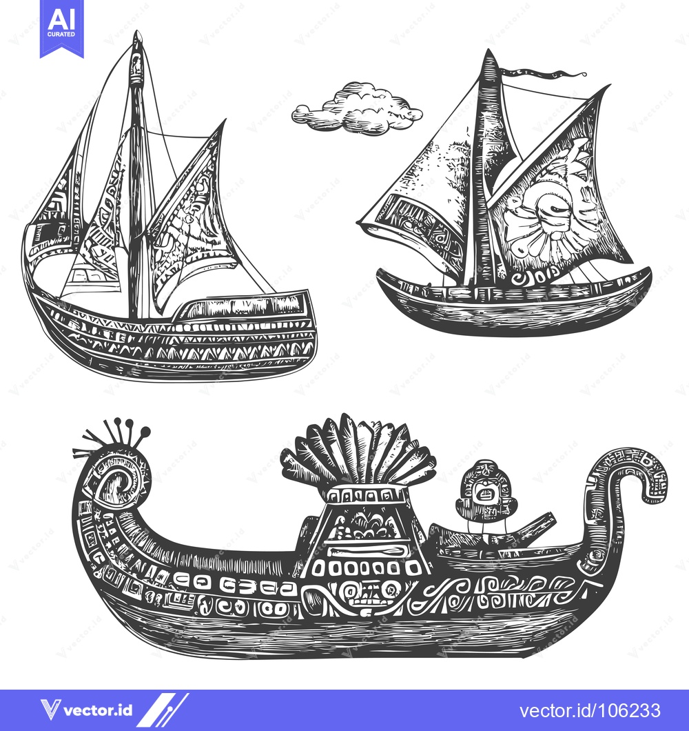 Premium Vector of Three Ornate Boats with Detailed Carvings and Patterns