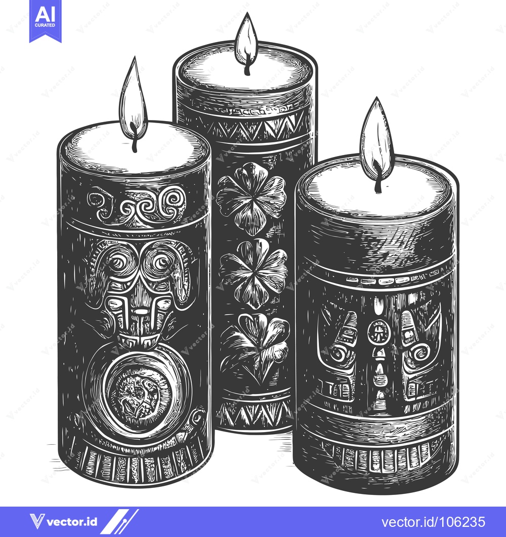 Premium Vector of Three Ornate Candles with Flames and Intricate Designs