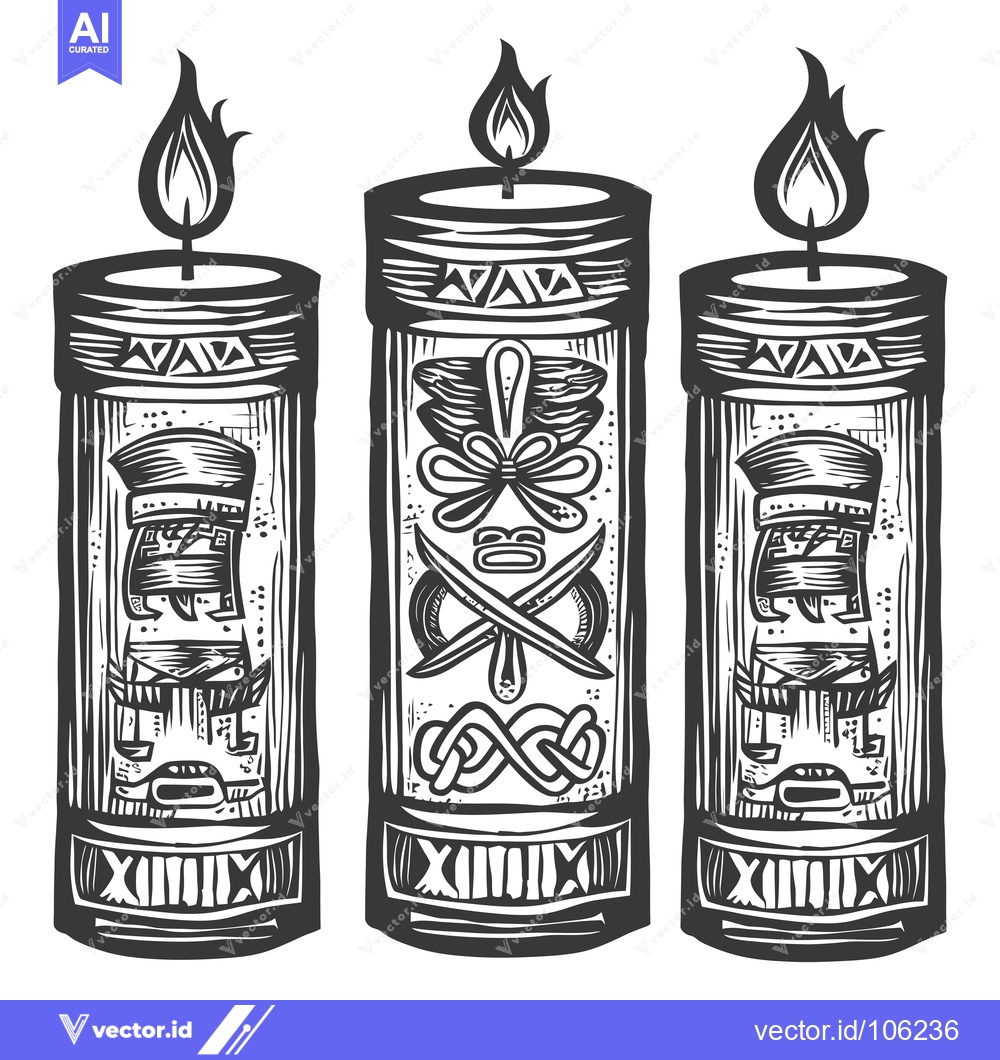 Premium Vector dari Three Ornate Candles with Flames and Symbolic Designs