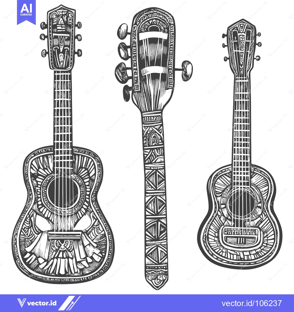 Premium Vector dari Three Ornate Guitars with Detailed Carvings