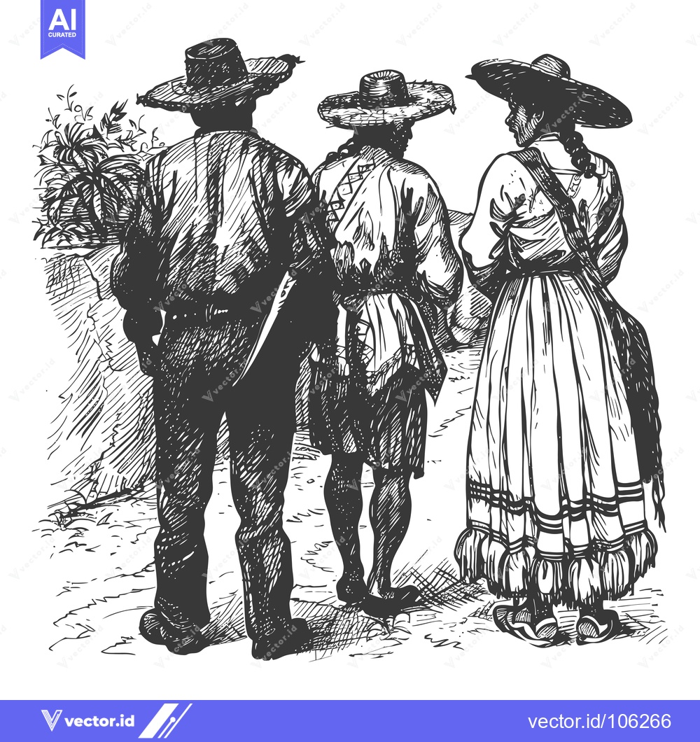 Premium Vector of Three People in Traditional Clothing Walking Away from the Viewer