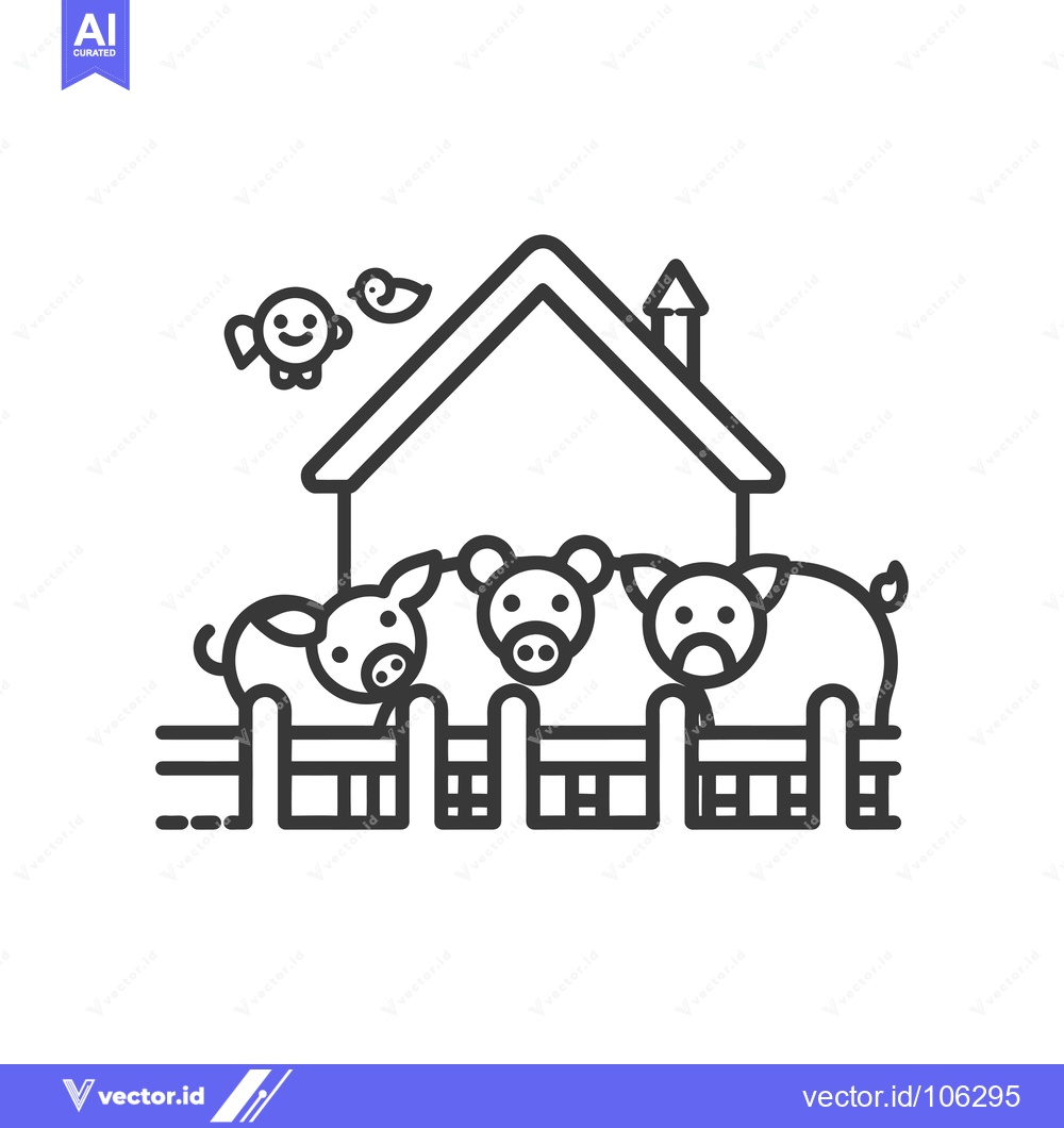 Premium Vector dari Three Pigs in a Pen with a House and a Bird