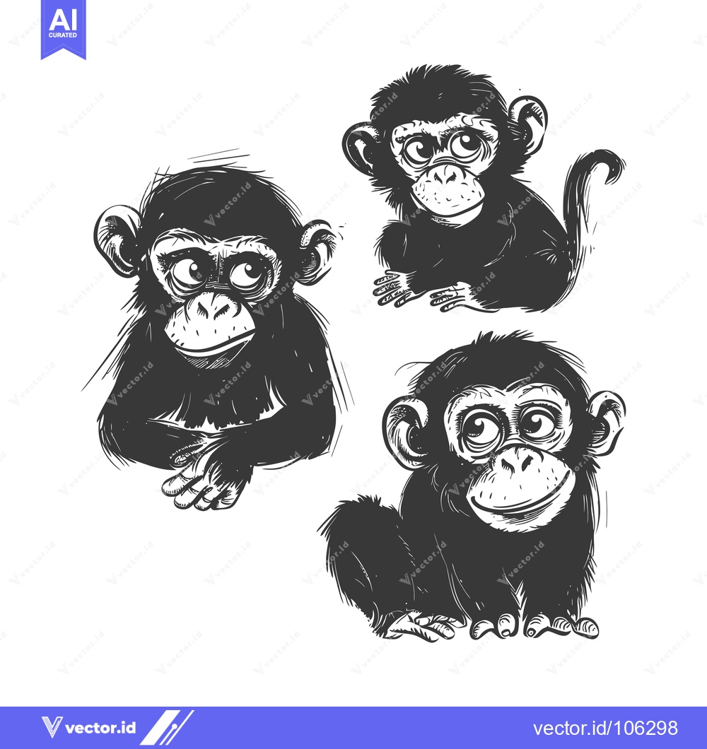 Premium Vector of Three Playful Chimpanzees with Big Eyes in Black and White Illustratio