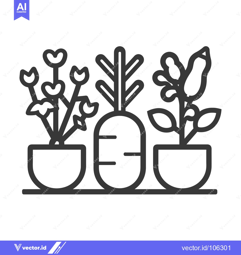 Premium Vector of Three potted plants with a large root vegetable in the center