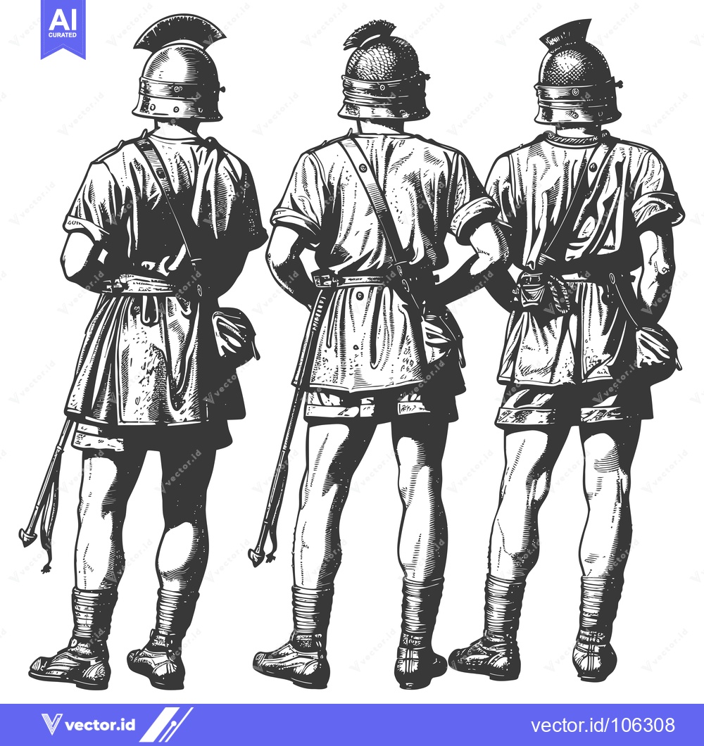 Premium Vector dari Three Roman Soldiers in a Line, Back View, Engraved Illustration