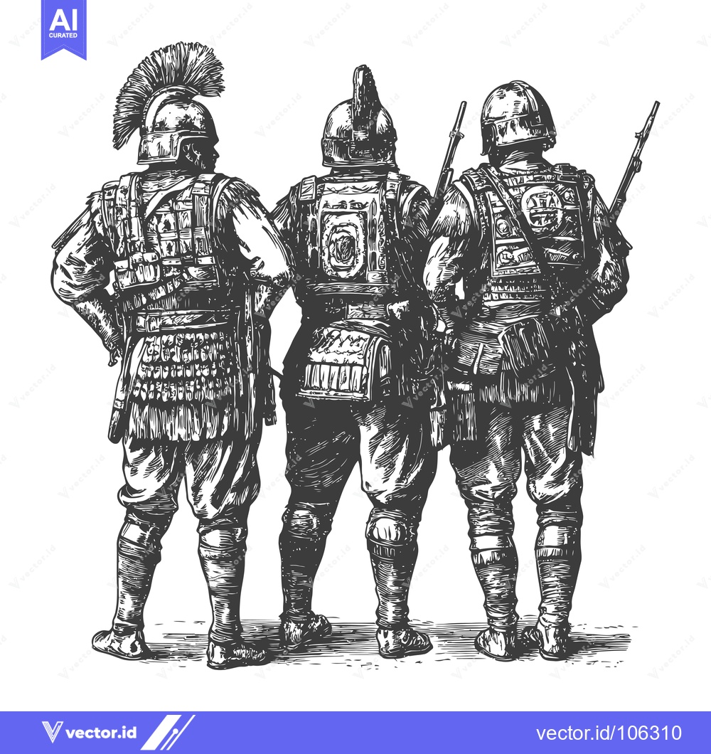 Premium Vector of Three Roman Soldiers Standing in Formation, Rear View