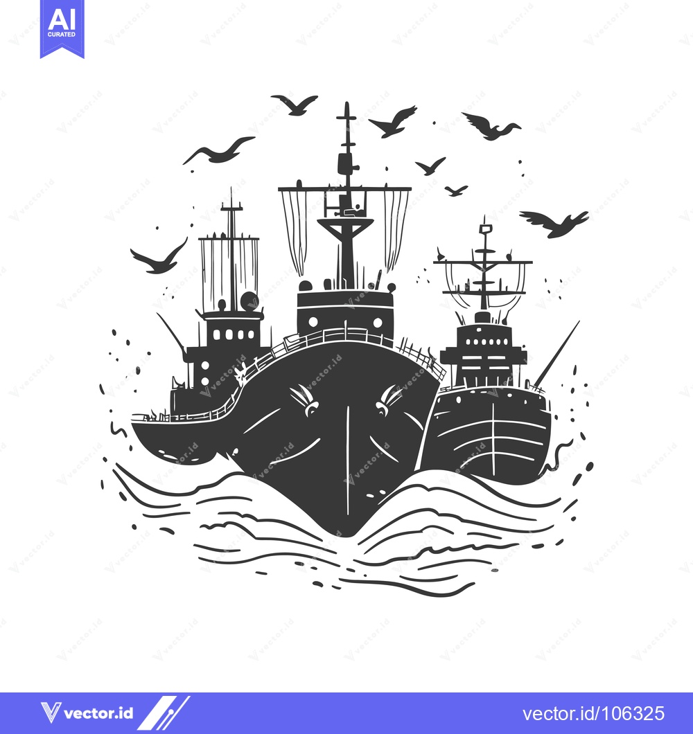 Premium Vector dari Three Silhouetted Ships Sailing on Wavy Sea with Birds Flying Overhead