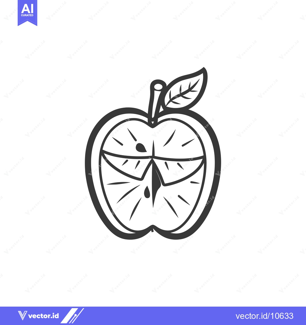 Premium Vector dari A black and white outline drawing of a halved apple with a leaf on top