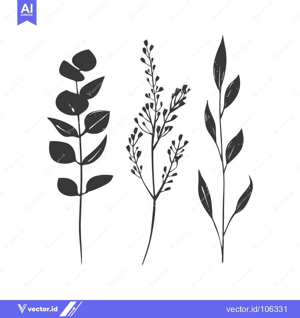 Premium Vector of Three Silhouettes of Delicate Branching Plants with Leaves