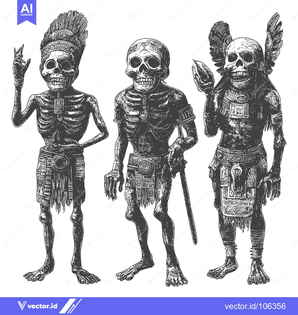 Premium Vector dari Three Skeletons in Ancient Mayan Garb