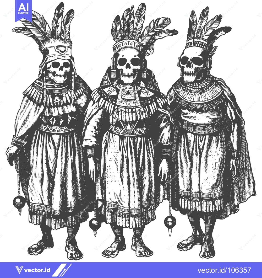Premium Vector of Three Skull Figures Wearing Feathered Headwear and Elaborate Clothing