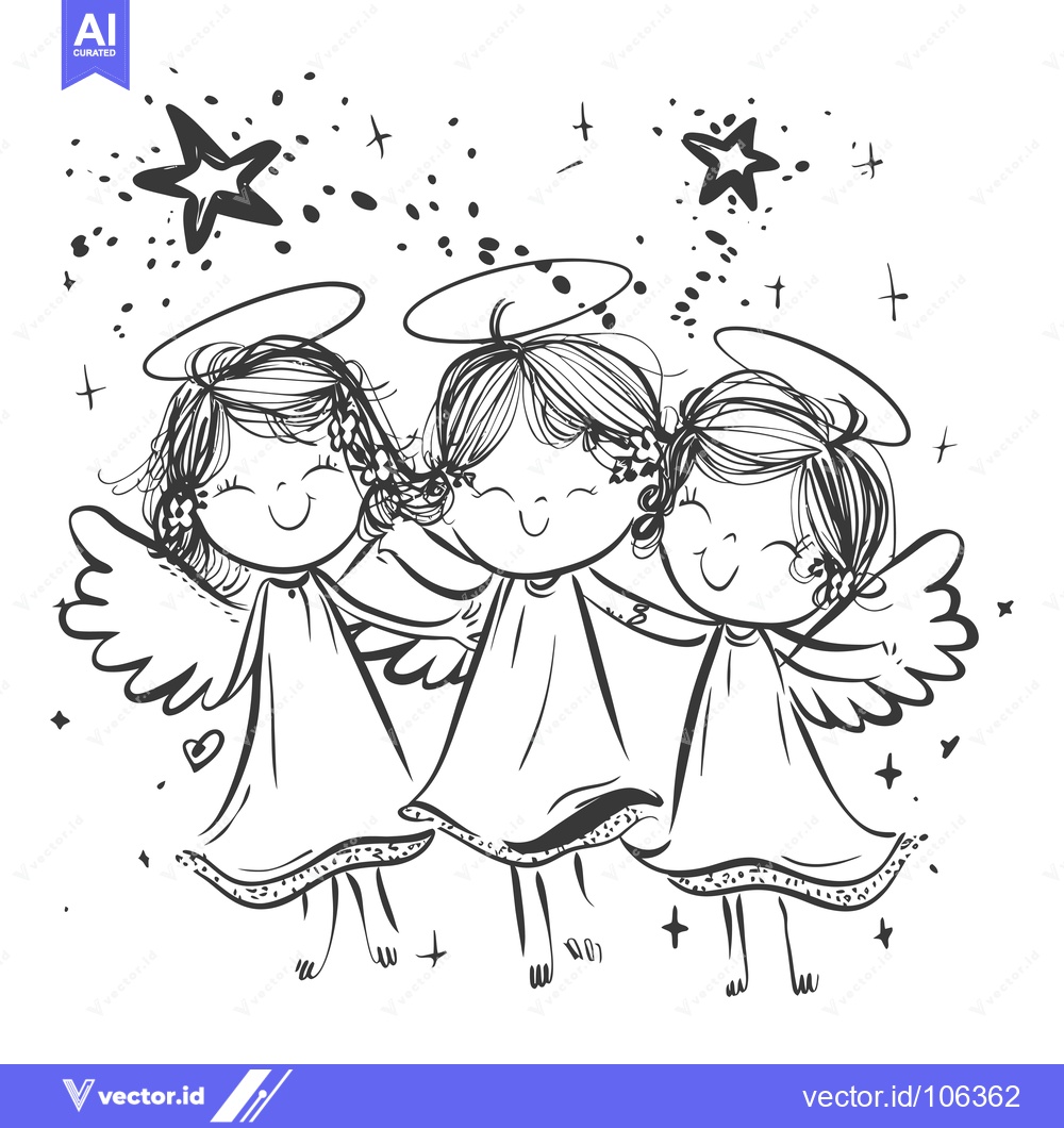 Premium Vector dari Three Smiling Angels with Haloes and Wings Surrounded by Stars