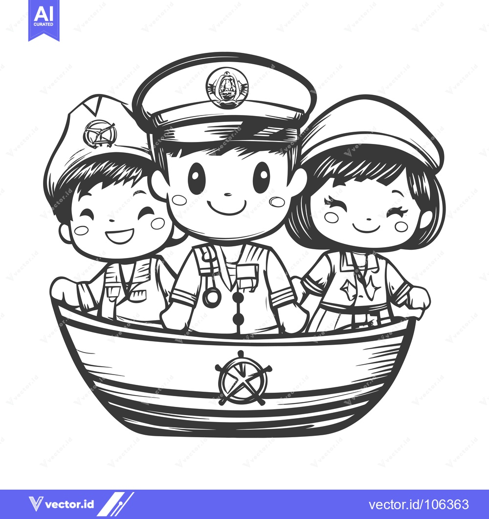 Premium Vector dari Three Smiling Cartoon Children in a Boat with a Steering Wheel