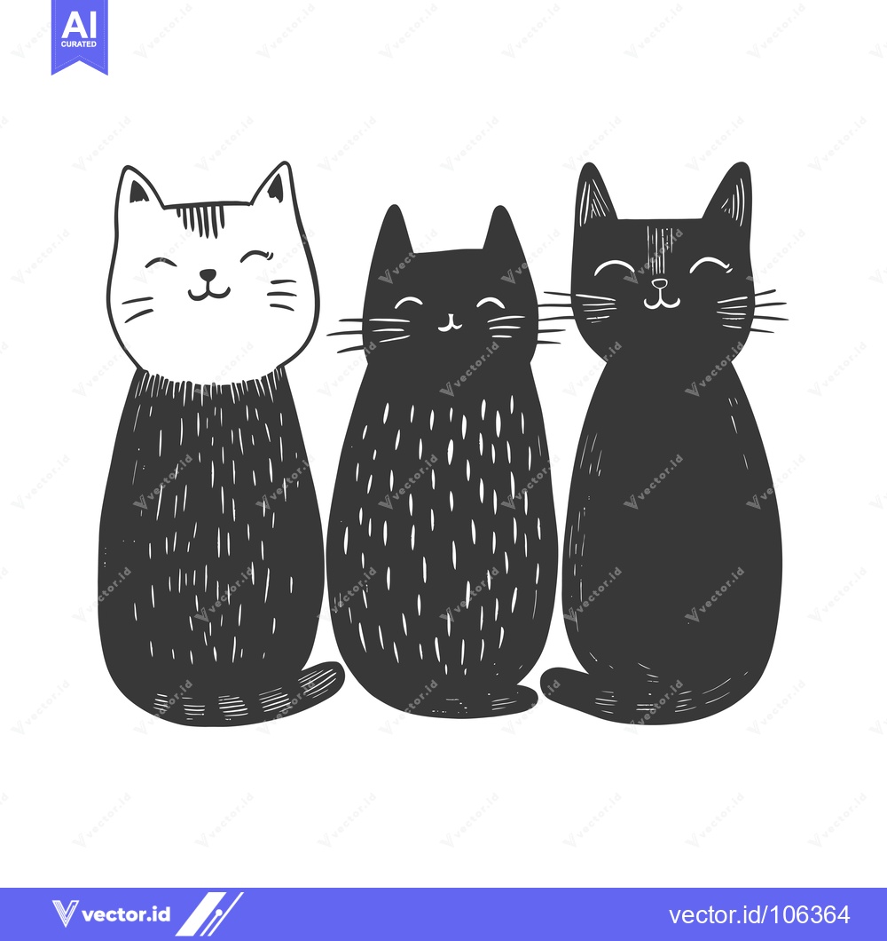 Premium Vector of Three Smiling Cats Sitting Side-by-Side in a Hand-Drawn Style
