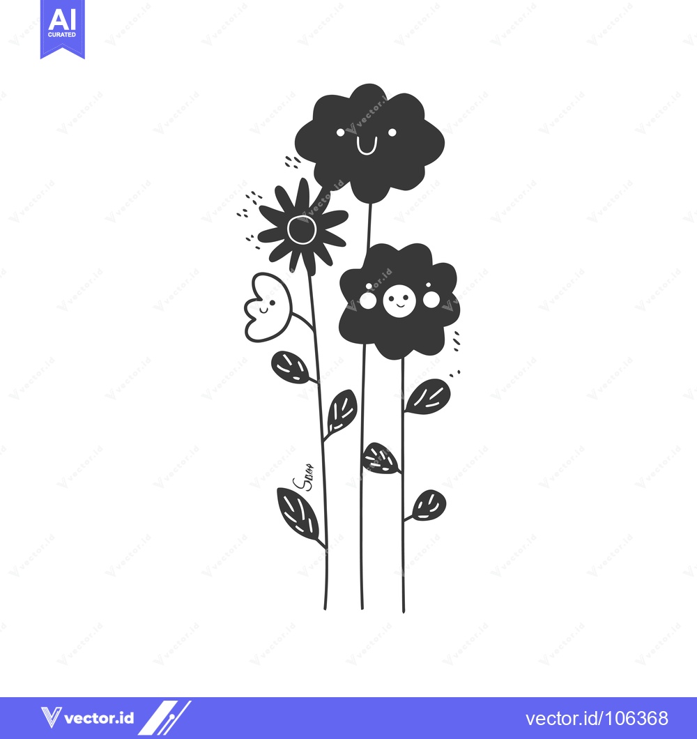 Premium Vector dari Three Smiling Flowers with Leaves and Stems