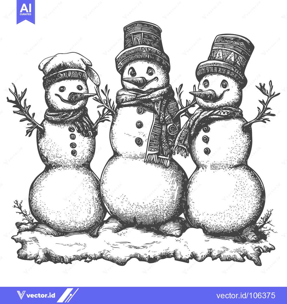 Premium Vector of Three Smiling Snowmen Standing on a Snowy Ground