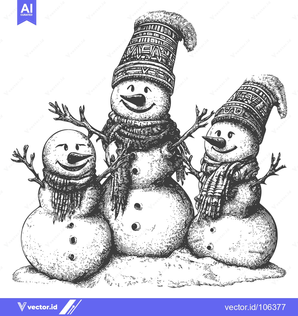 Premium Vector of Three Smiling Snowmen Wearing Hats and Scarves