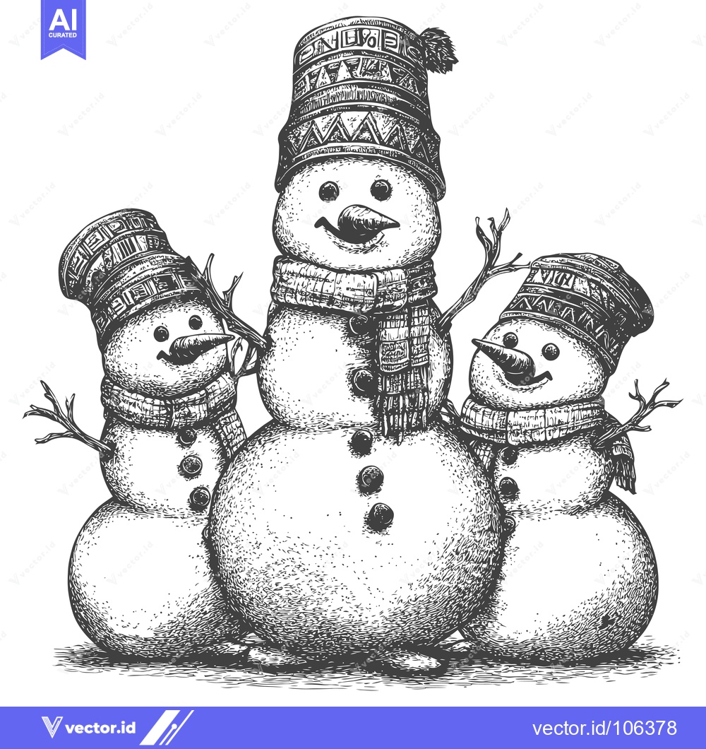 Premium Vector of Three Smiling Snowmen Wearing Hats and Scarves