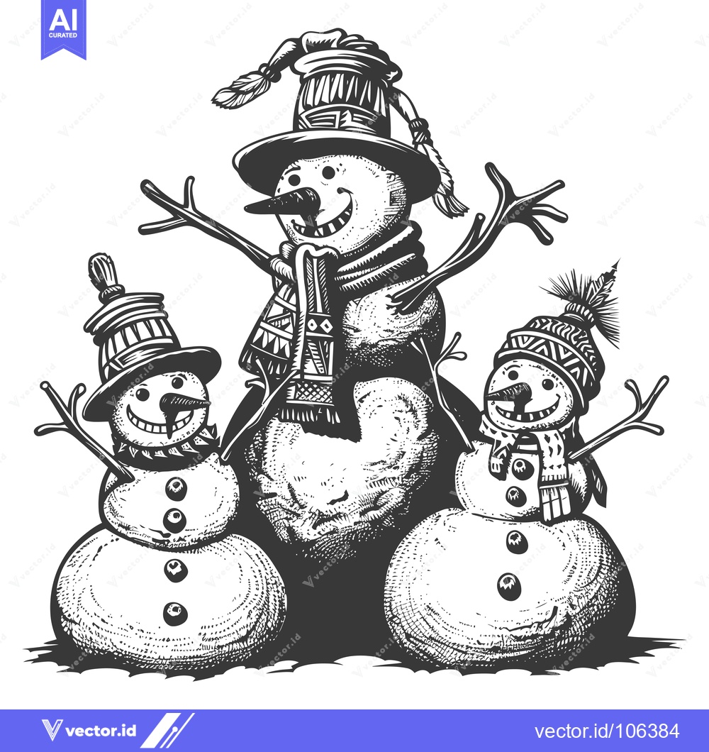 Premium Vector dari Three Smiling Snowmen with Winter Accessories