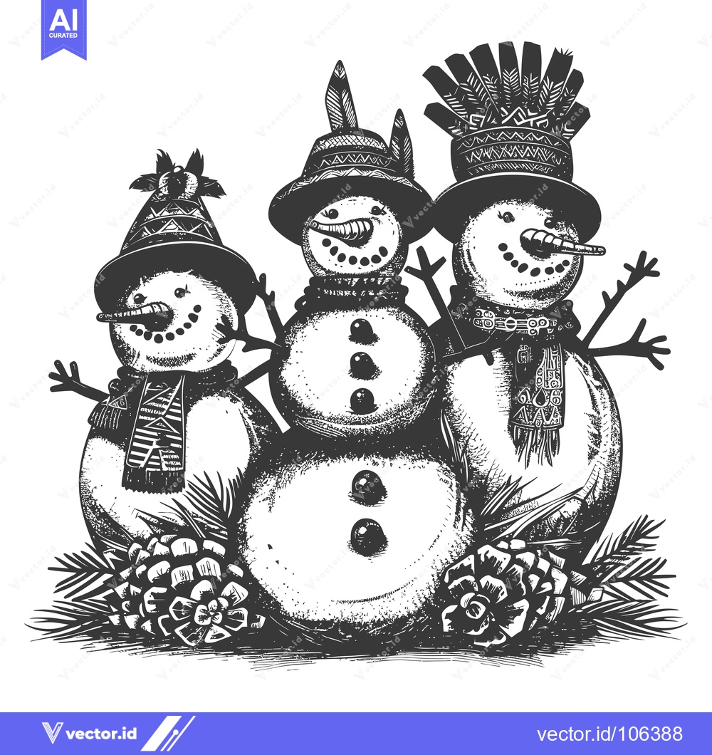 Premium Vector of Three Snowmen Wearing Festive Hats and Scarves