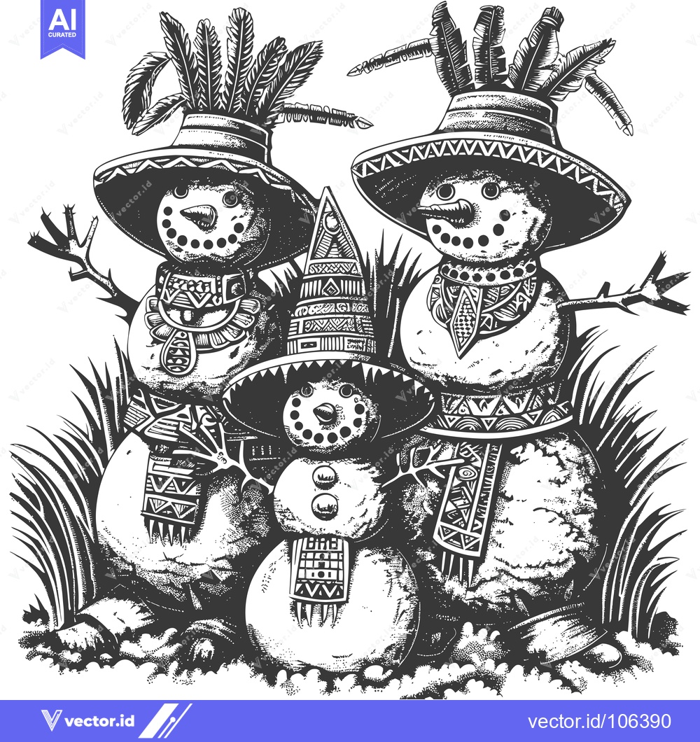 Premium Vector dari Three Snowmen with Feathers and Tribal Patterns