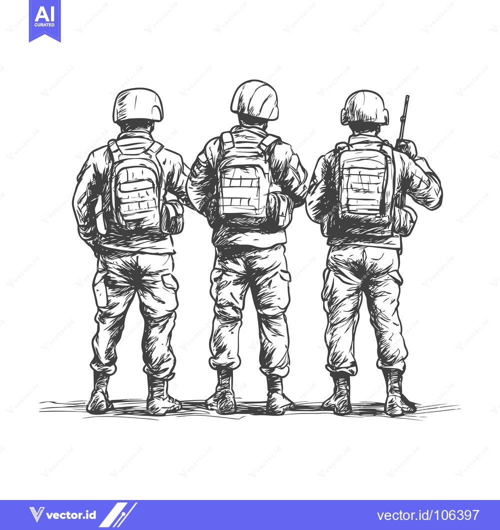 Premium Vector dari Three Soldiers in Uniform, Back View, Sketch