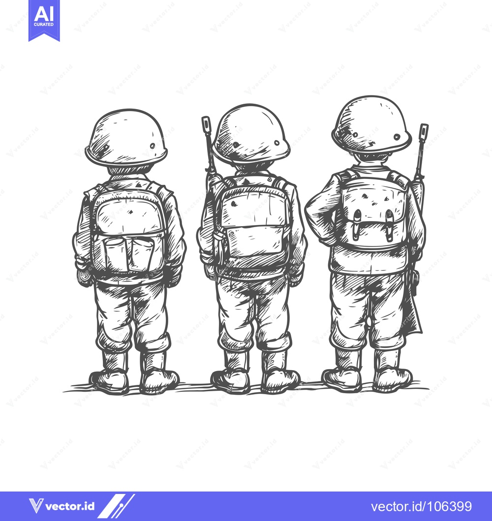 Premium Vector of Three Soldiers Standing in Formation, Viewed From Behind, Hand-Drawn S