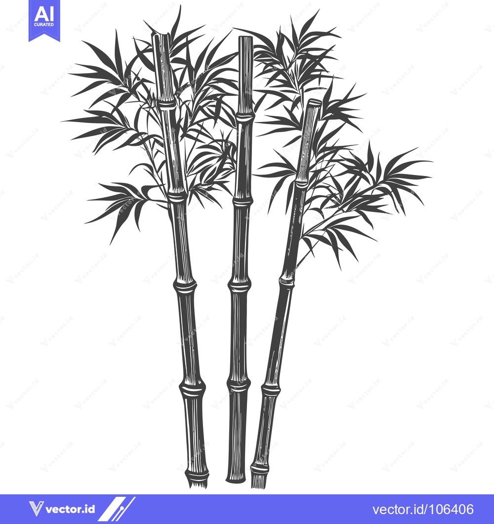 Premium Vector dari Three stalks of bamboo with leaves in black and white illustration